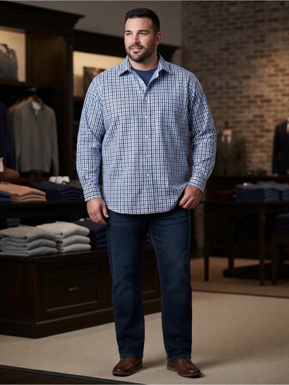 Saddlebred Easy Care Big & Tall 2XL Blue/White Gingham Dress Shirt 18-18.5
